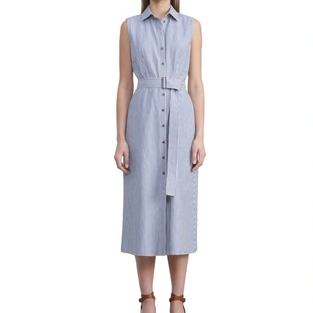 Lafayette 148 Pax Railroad Stripe Belted Shirt Dress 16 Cotton Linen Sleeveless